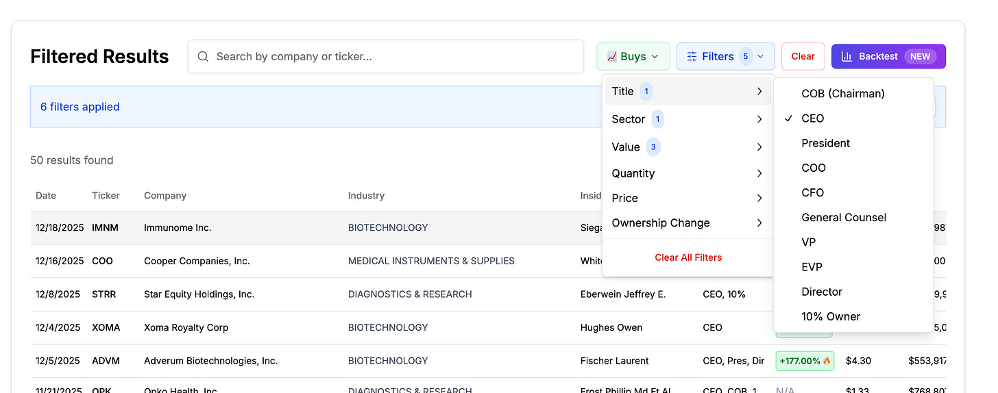 Six-step insider trading strategy: sign up, filter for CEO buys over $500k, focus on healthcare, watch the most recent filings, size by trade value, set a stop loss
